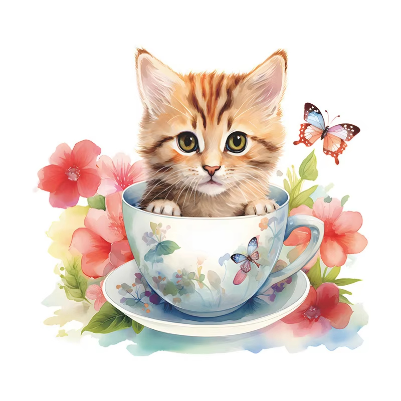 Flower Wall Panel - Teacup Cat Flower Wall Stickers Decorative